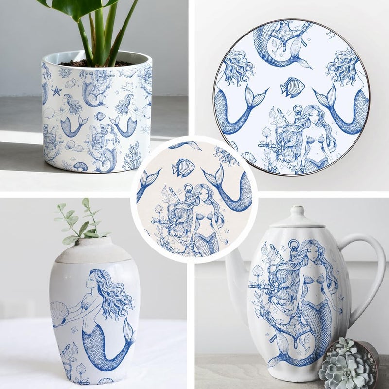 SUPERDANT 5PCS Mermaids Underglaze Paper Transfer Underwater World Transfer Paper for Clay Ceramic Porcelain Under Glaze Transfers for Pottery Blue Enamel Decals Papers Handcrafted Gifts - Image 5